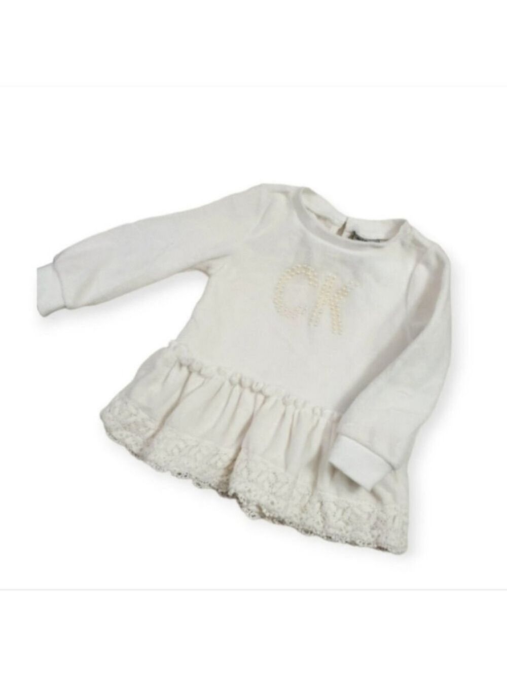 Calvin Klein Pearl Logo Ruffle Lace Hem Top White 24M